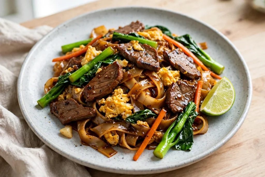 pad see ew calories — a plate of Thai pad see ew noodles with beef, egg and Chinese broccoli