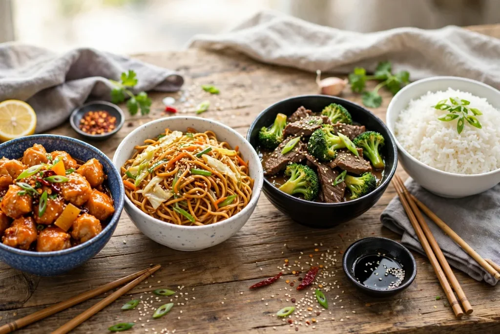 chinese takeout dishes orange chicken chow mein broccoli beef and rice