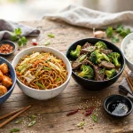 chinese takeout dishes orange chicken chow mein broccoli beef and rice