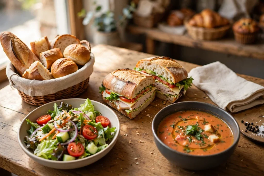 calories for panera bread — a cafe table with a sandwich, soup and salad at a bakery cafe