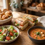 calories for panera bread — a cafe table with a sandwich, soup and salad at a bakery cafe