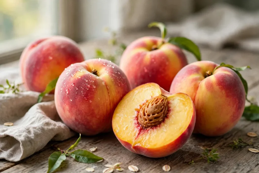 Fresh ripe peaches on a wooden table, one peach cut in half showing the pit
