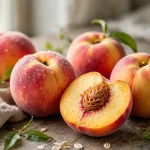 Fresh ripe peaches on a wooden table, one peach cut in half showing the pit
