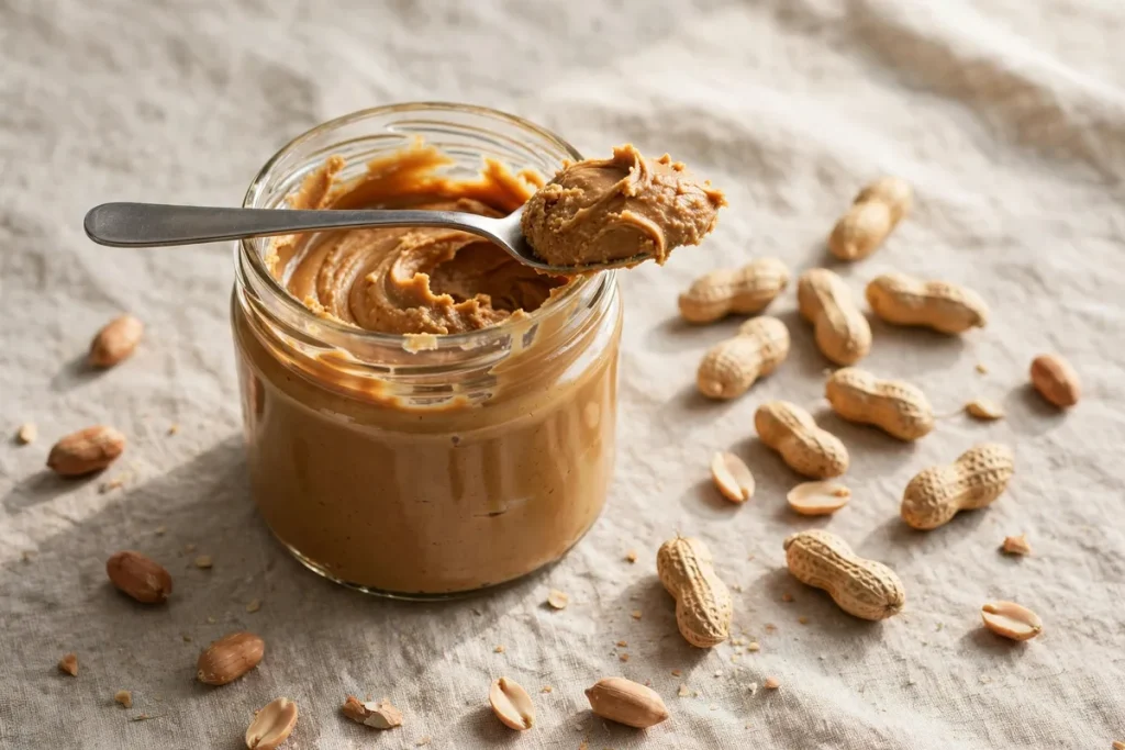 An open jar of peanut butter with a spoonful resting on top and peanuts scattered beside it