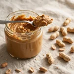 An open jar of peanut butter with a spoonful resting on top and peanuts scattered beside it
