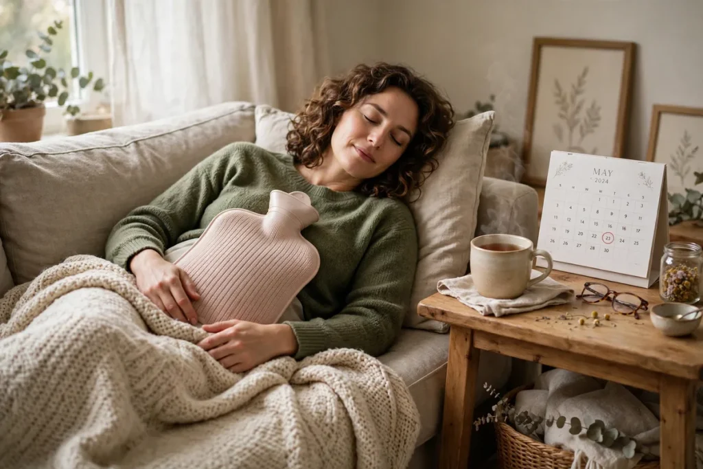 Woman resting with a warm drink and a calendar during her period — calorie burn rises slightly in the days before a period