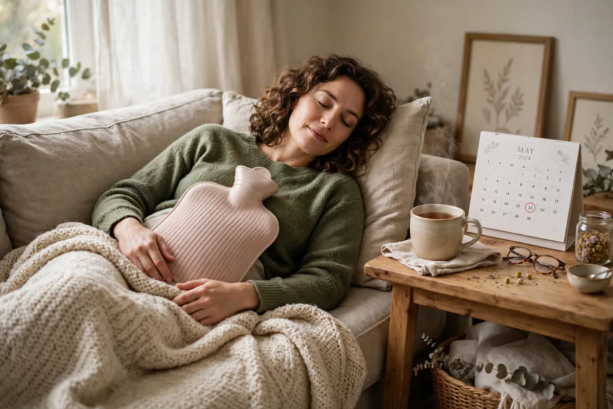 Woman resting with a warm drink and a calendar during her period — calorie burn rises slightly in the days before a period