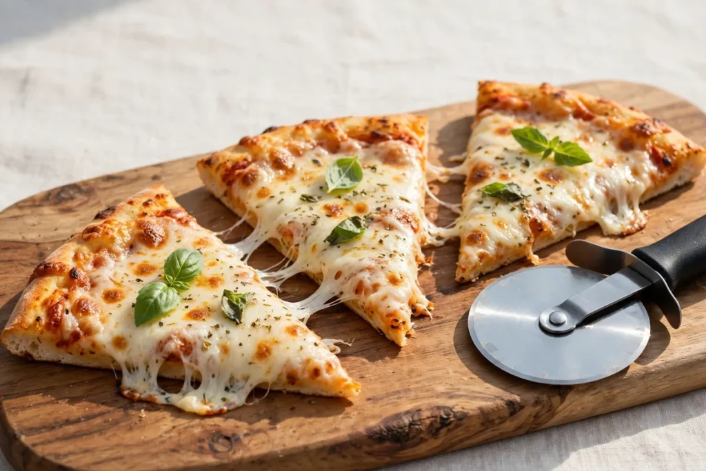 Pizza slices with melted cheese on a wooden board