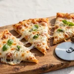 Pizza slices with melted cheese on a wooden board