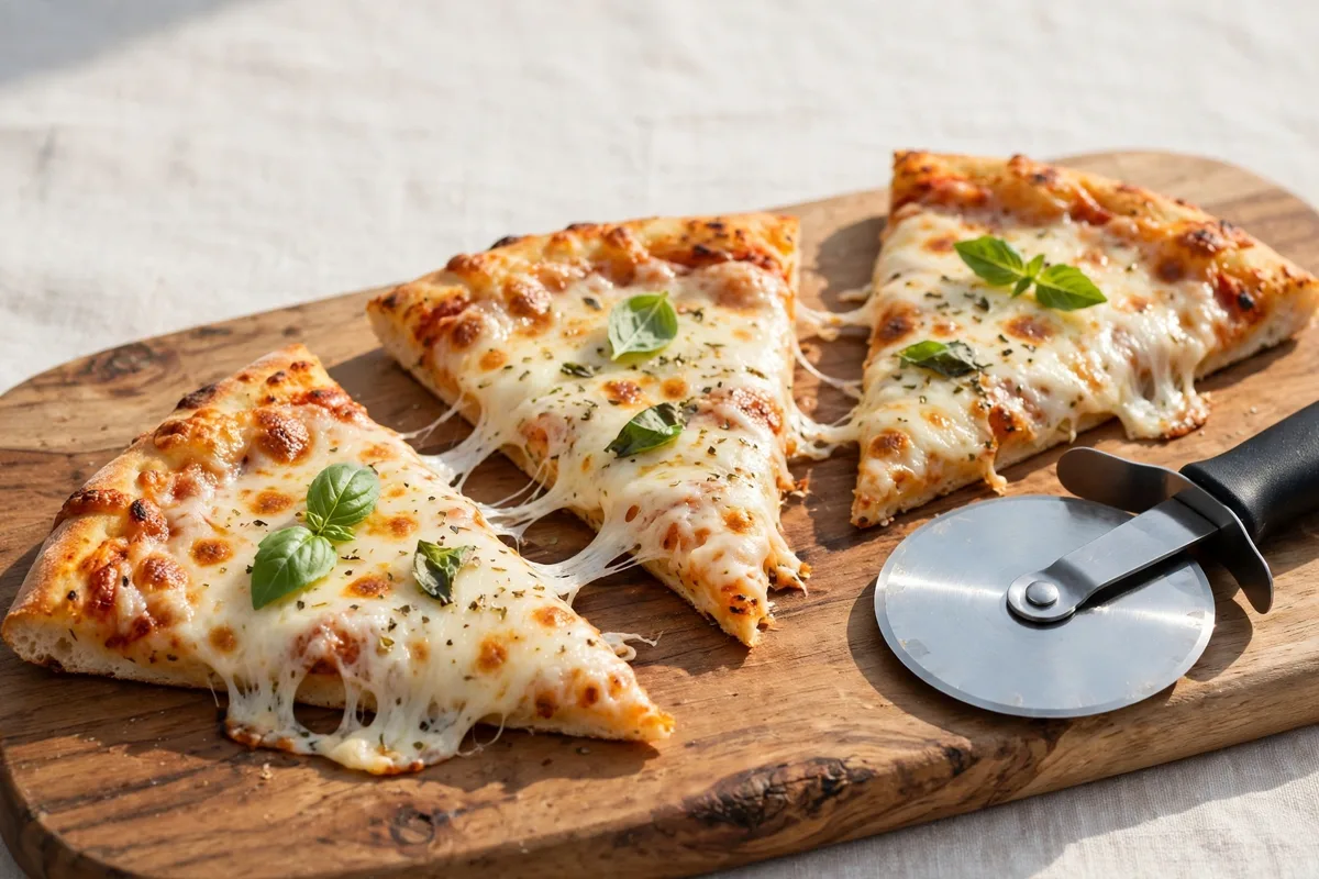 Pizza slices with melted cheese on a wooden board
