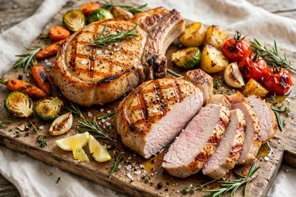 Grilled pork chops on a wooden board with rosemary and roasted vegetables, one sliced open