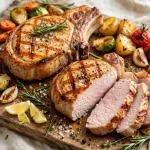 Grilled pork chops on a wooden board with rosemary and roasted vegetables, one sliced open