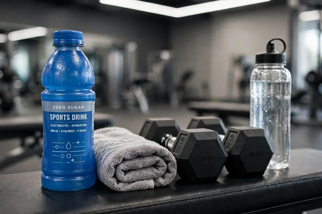 zero sugar sports drink bottle with gym equipment