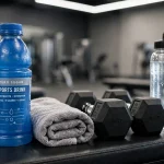 zero sugar sports drink bottle with gym equipment