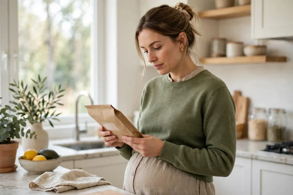 A pregnant woman in a kitchen reading the label on a food package