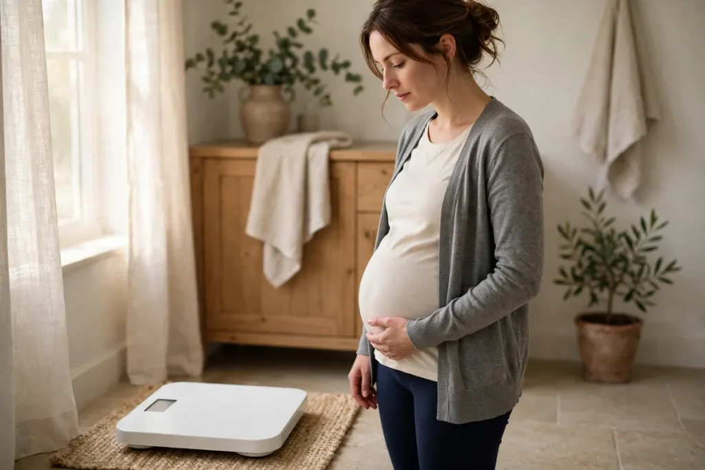 A pregnant woman standing beside a bathroom scale at home in soft morning light