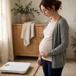 A pregnant woman standing beside a bathroom scale at home in soft morning light