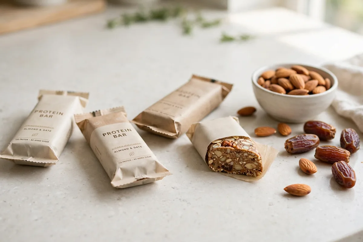 Cleanest protein bars - simple protein bars with almonds and dates on a kitchen counter