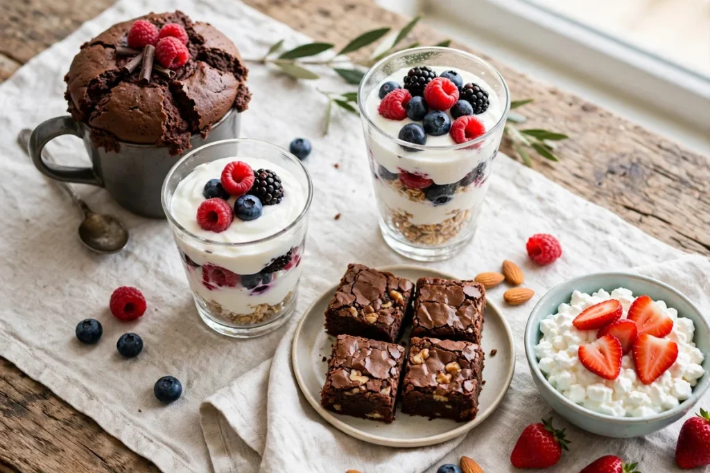 protein dessert recipes — a chocolate protein mug cake, yogurt berry parfaits and protein brownies