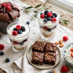 protein dessert recipes — a chocolate protein mug cake, yogurt berry parfaits and protein brownies