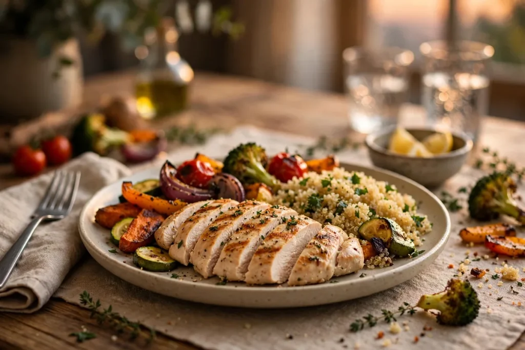 A high-protein dinner plate of sliced grilled chicken breast, quinoa and roasted vegetables