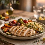 A high-protein dinner plate of sliced grilled chicken breast, quinoa and roasted vegetables