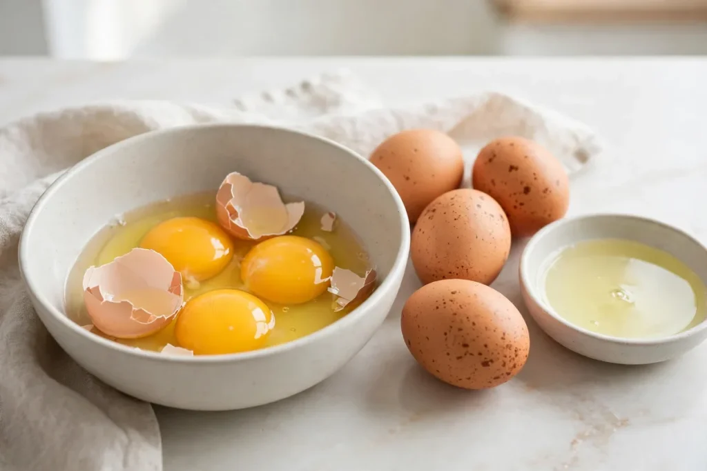 Cracked eggs with golden yolks in a bowl next to whole brown eggs and a dish of egg whites