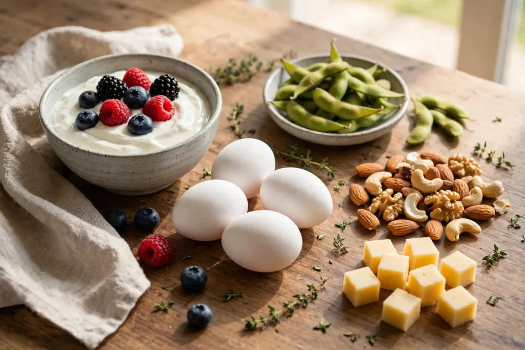 High-protein snacks on a wooden table — Greek yogurt with berries, eggs, edamame, nuts and cheese cubes
