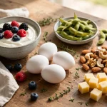 High-protein snacks on a wooden table — Greek yogurt with berries, eggs, edamame, nuts and cheese cubes