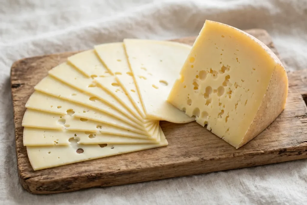 Slices of provolone cheese fanned out next to a wedge of provolone on a wooden board