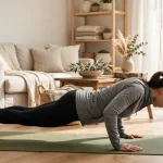 push ups inwards vs outwards — a person doing a push-up on a mat at home, side view