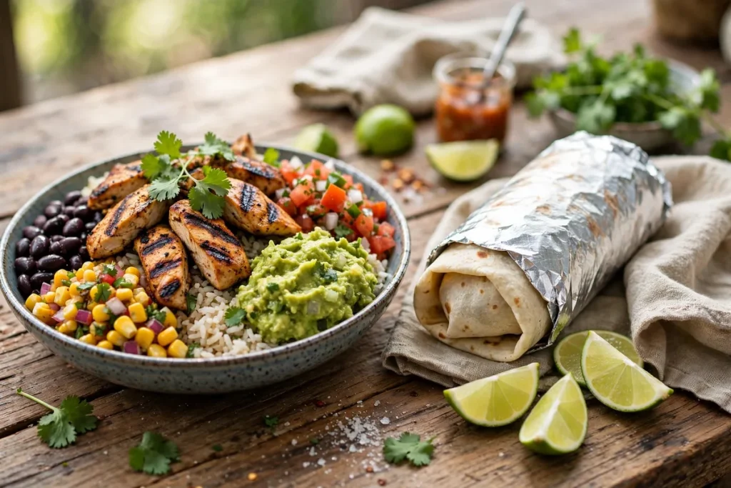 Qdoba-style burrito bowl with grilled chicken, rice, black beans, corn salsa and guacamole — count it with the Qdoba calorie calculator