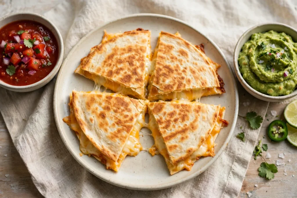 A cheese quesadilla cut into wedges on a plate with bowls of salsa and guacamole
