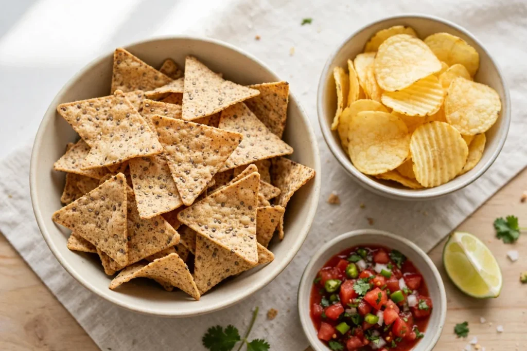 are quest chips healthy — a bowl of tortilla-style protein chips beside regular chips for comparison, with salsa
