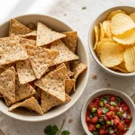 are quest chips healthy — a bowl of tortilla-style protein chips beside regular chips for comparison, with salsa