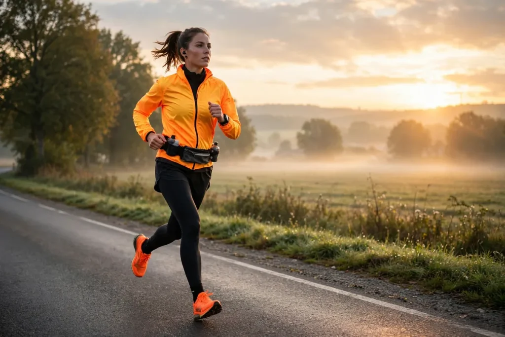 A runner in bright orange gear jogging on a road at sunrise