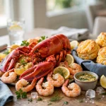 Seafood platter with lobster, shrimp and biscuits