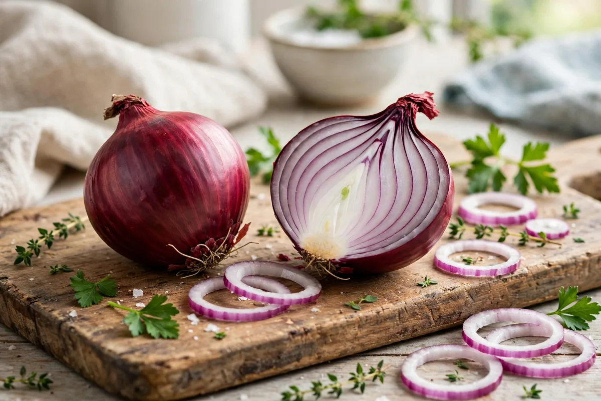 Red onion calories - a whole and halved red onion with slices on a wooden board