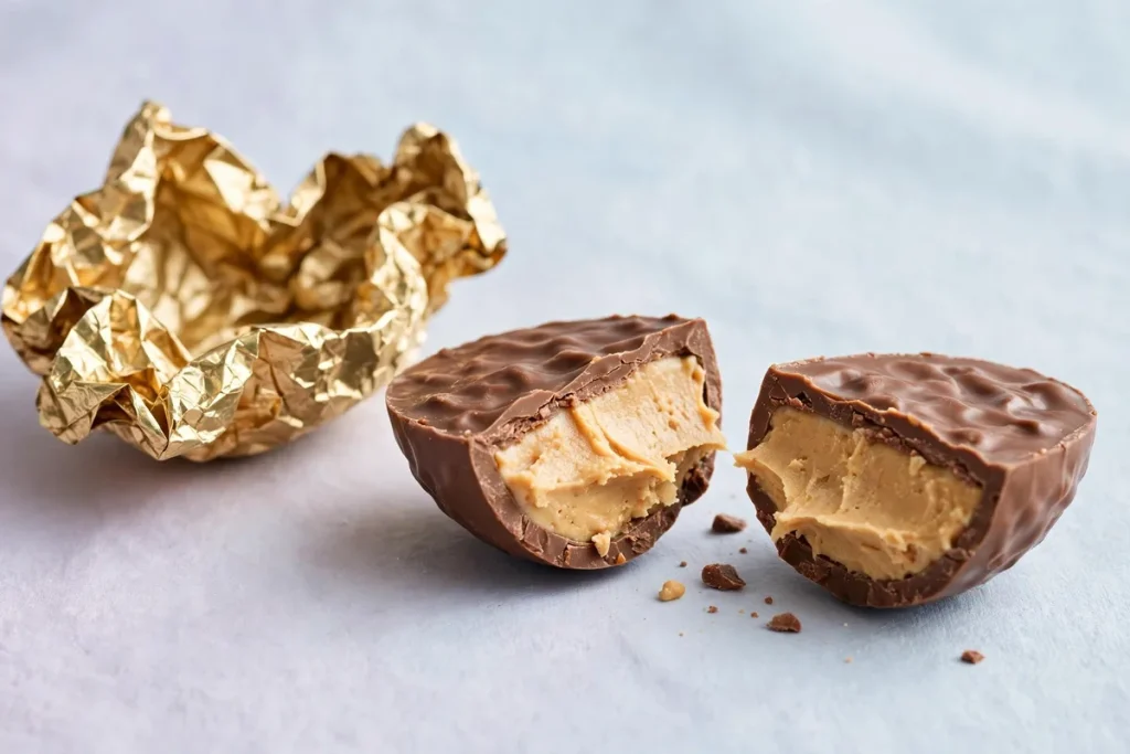 A chocolate peanut butter egg candy cut in half showing the peanut butter filling, next to its gold foil wrapper