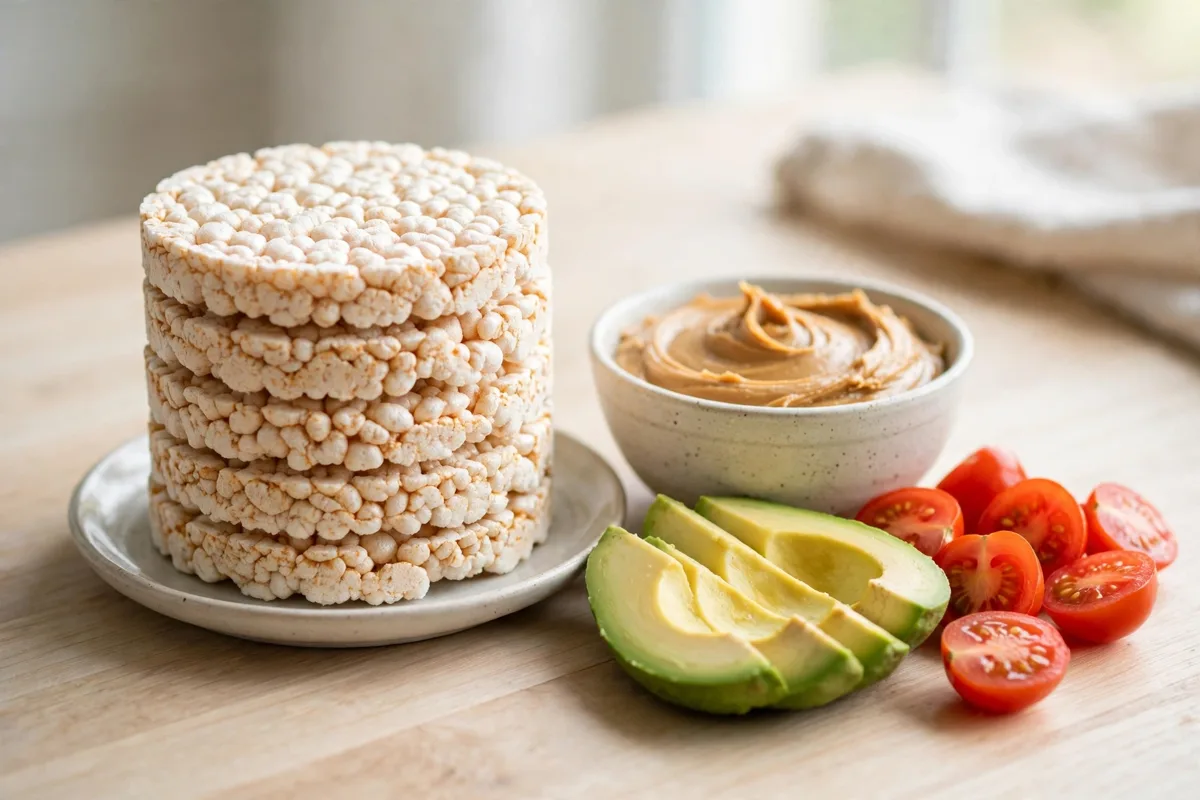 Rice cakes calories - a stack of plain rice cakes with peanut butter, avocado and tomatoes
