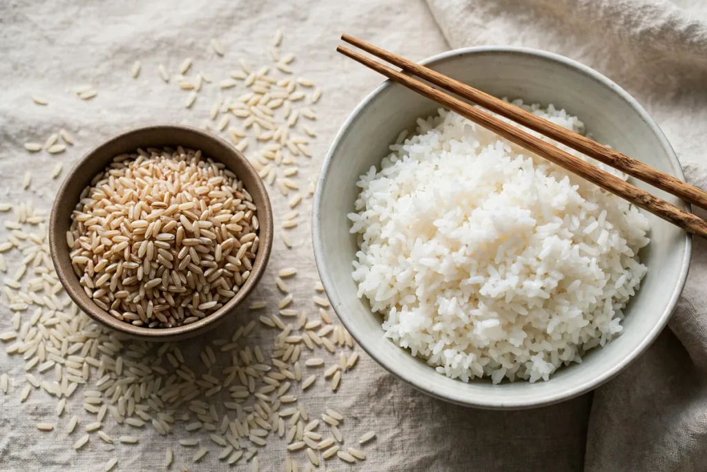 A bowl of steamed white rice with chopsticks next to a small bowl of uncooked brown rice grains