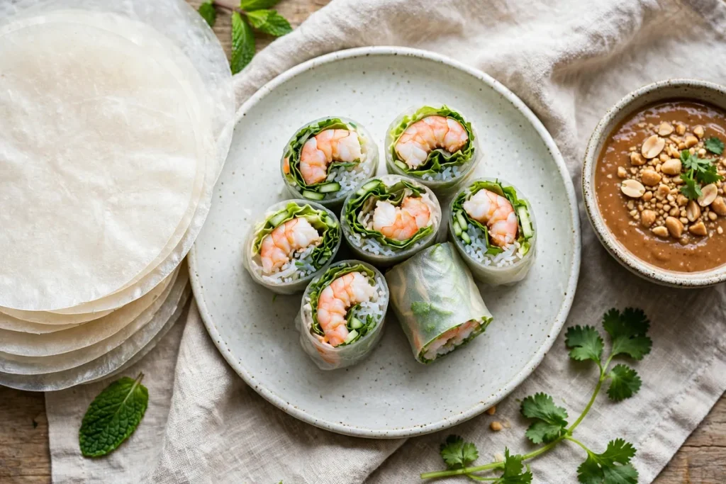 Fresh shrimp spring rolls cut in half on a plate with dry rice paper sheets and peanut dipping sauce