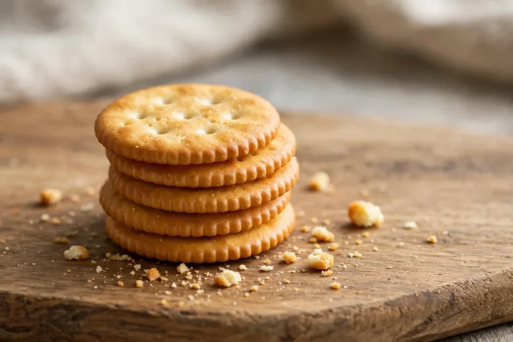 A stack of round golden butter crackers on a wooden board with scattered crumbs