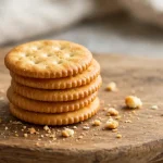 A stack of round golden butter crackers on a wooden board with scattered crumbs