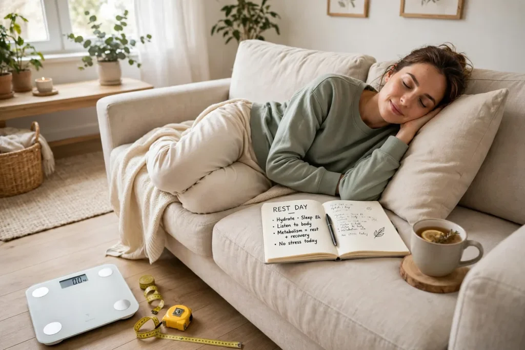 Woman resting at home with a notebook and tea — resting metabolic rate is the energy your body burns at complete rest