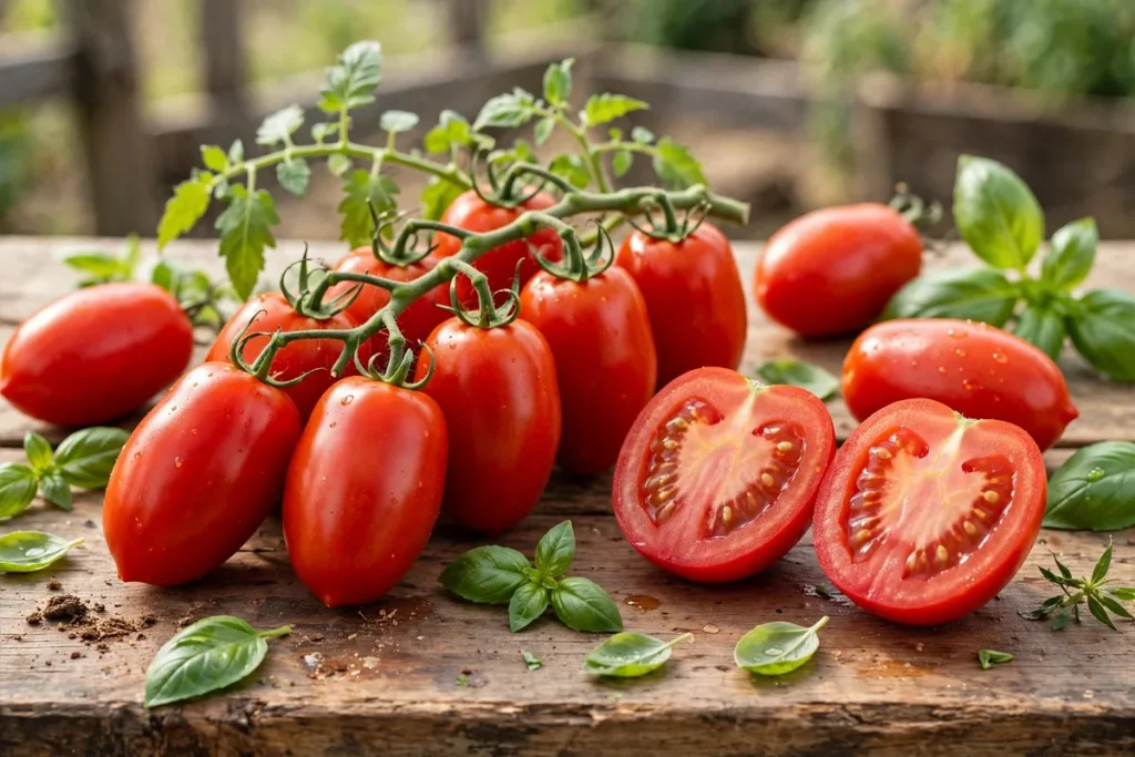 Roma tomato calories - fresh roma tomatoes on the vine with basil and one tomato cut in half