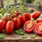 Roma tomato calories - fresh roma tomatoes on the vine with basil and one tomato cut in half