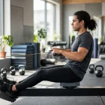 A man using an indoor rowing machine in a bright gym, mid-stroke with straight back and extended legs