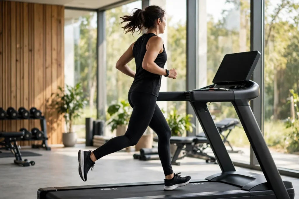 running machine workout for weight loss — a person running on a treadmill in a gym, side view