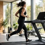 running machine workout for weight loss — a person running on a treadmill in a gym, side view